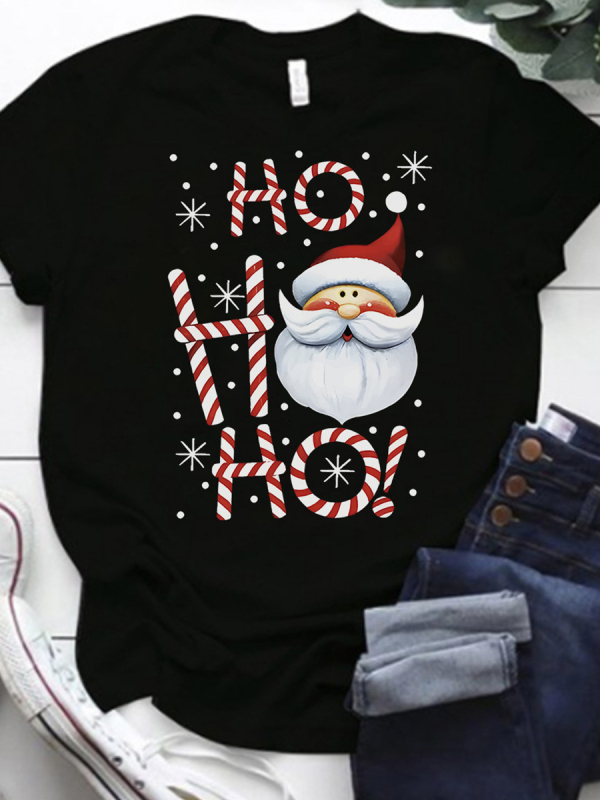 Pārrobežu Amazon TEMU ārējās tirdzniecības Eiropa, Amerika un Dienvidaustrumāzija Brīvs plus izmēra Ziemassvētku apdrukāts īsroku T-krekls sievietēm