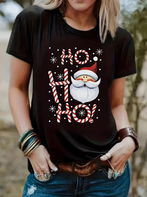 Pārrobežu Amazon TEMU ārējās tirdzniecības Eiropa, Amerika un Dienvidaustrumāzija Brīvs plus izmēra Ziemassvētku apdrukāts īsroku T-krekls sievietēm