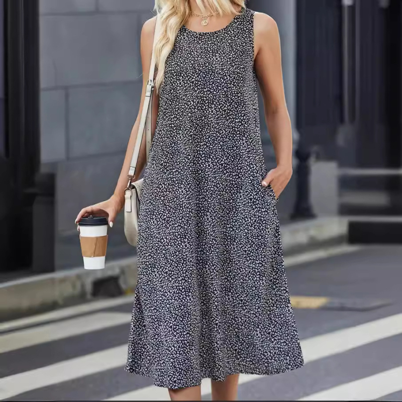 Határokon átnyúló európai és amerikai 2024 Amazon AliExpress kereknyakú elegáns nyomtatott zsebes mellényes hosszú ruha