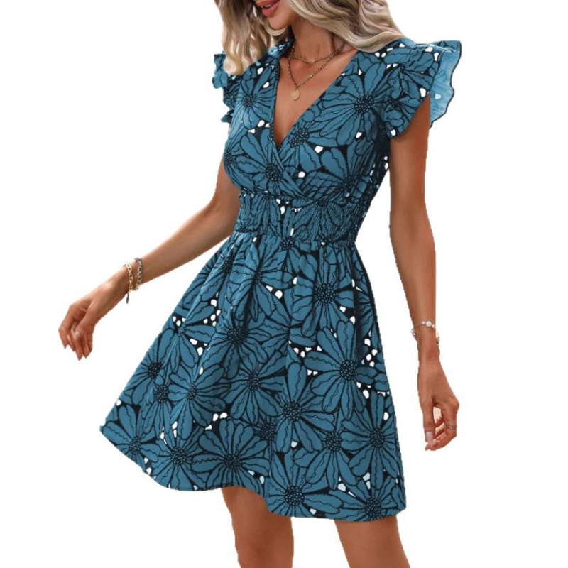 Határokon átnyúló európai és amerikai Amazon Temu virágmintás, átköthető, szív alakú galléros, mini casual ruha