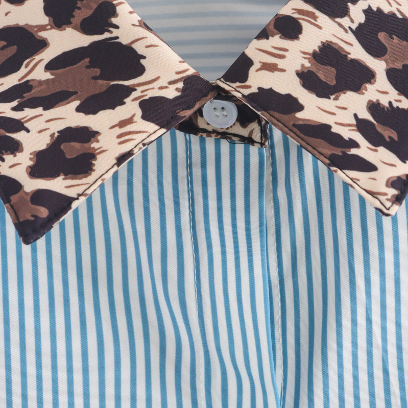 Európai és amerikai stílusú női ruházati export őszi új divat nyomtatott leopárdmintás csíkok kontrasztos színű varrással, fedélzsebes nadrág, dekoratív ingfelső