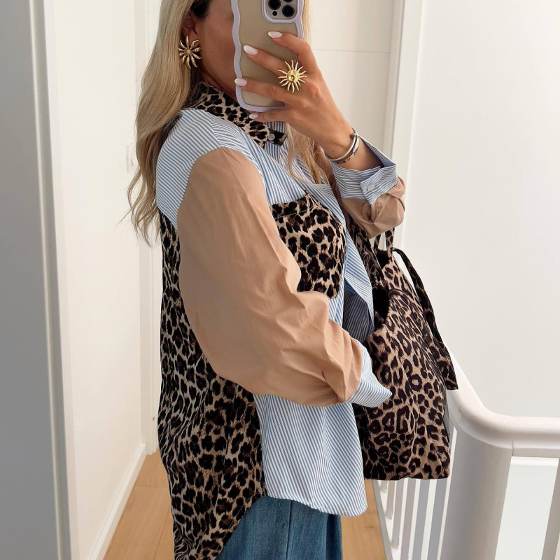 Európai és amerikai stílusú női ruházati export őszi új divat nyomtatott leopárdmintás csíkok kontrasztos színű varrással, fedélzsebes nadrág, dekoratív ingfelső