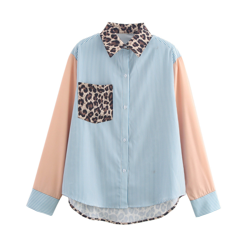 Európai és amerikai stílusú női ruházati export őszi új divat nyomtatott leopárdmintás csíkok kontrasztos színű varrással, fedélzsebes nadrág, dekoratív ingfelső