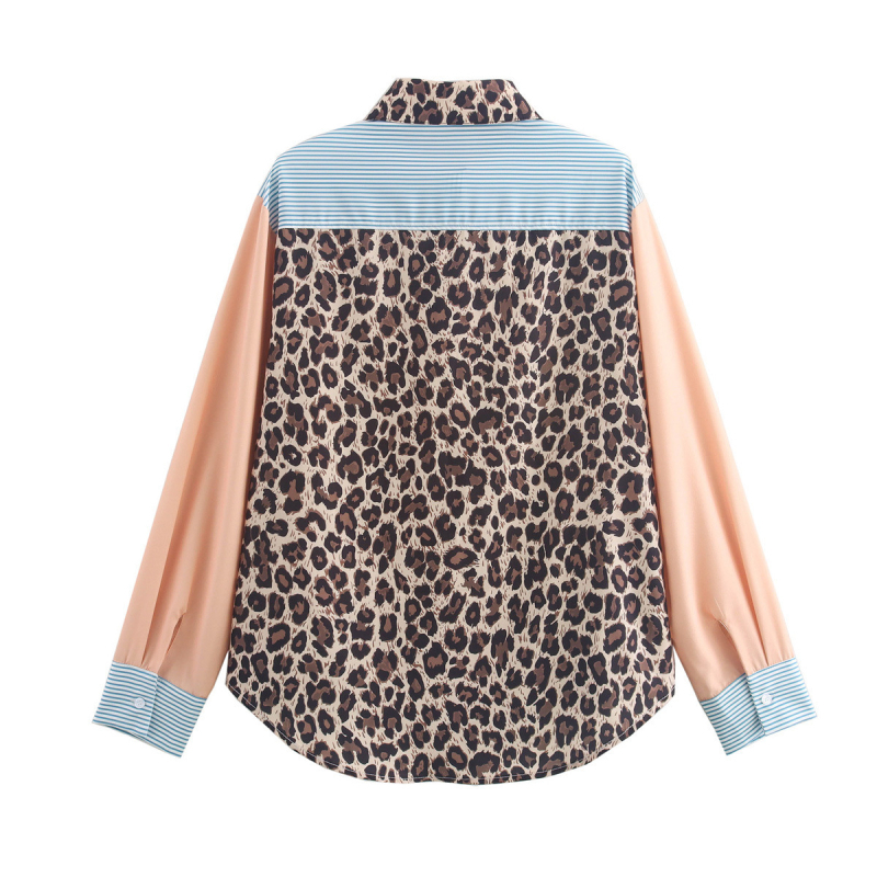 Európai és amerikai stílusú női ruházati export őszi új divat nyomtatott leopárdmintás csíkok kontrasztos színű varrással, fedélzsebes nadrág, dekoratív ingfelső