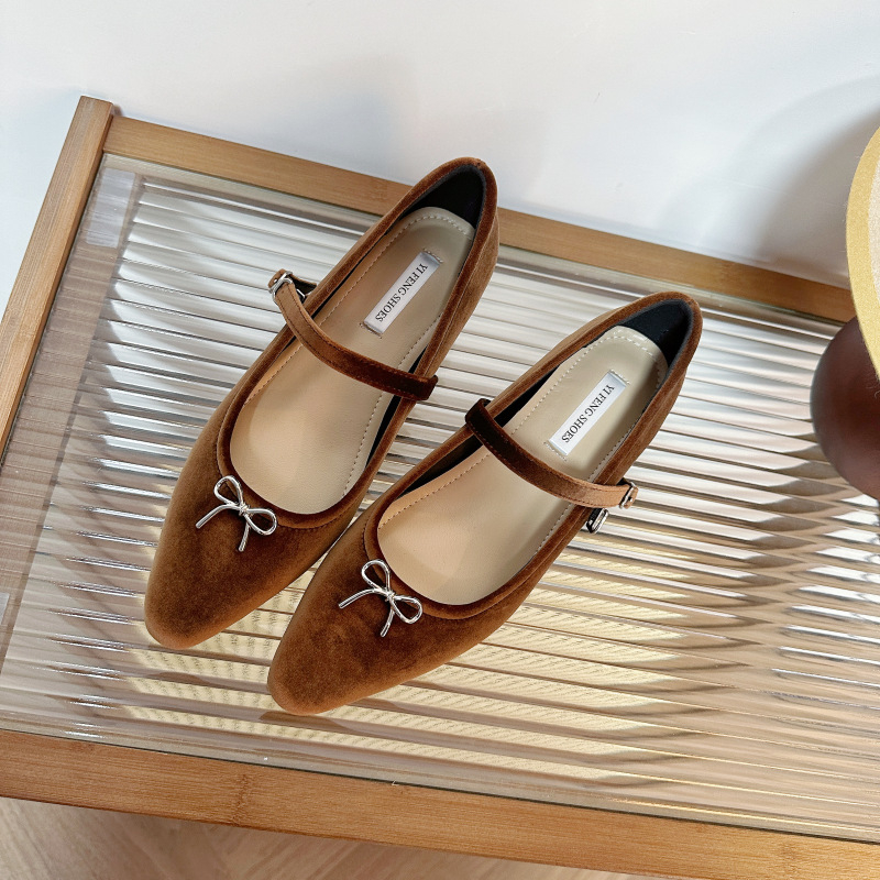 Francia hegyes sarkú, magasított, sekély szájú, egyrétegű női cipők 2024 őszi új velúr masnis cipők Mary Jane cipőkkel nőknek