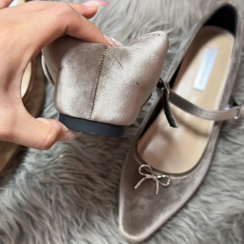 Francia hegyes sarkú, magasított, sekély szájú, egyrétegű női cipők 2024 őszi új velúr masnis cipők Mary Jane cipőkkel nőknek