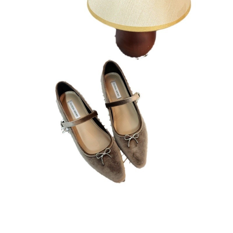 Francia hegyes sarkú, magasított, sekély szájú, egyrétegű női cipők 2024 őszi új velúr masnis cipők Mary Jane cipőkkel nőknek