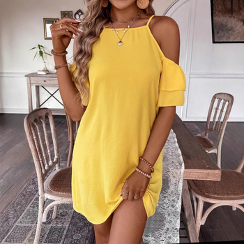 Διασυνοριακό Ευρωπαϊκό και Αμερικανικό Aliexpress Fashion, Μονόχρωμο, Ριχτό Φόρεμα με Τιράντες και Έξωμους Ώμους σε Απόθεμα