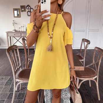 Διασυνοριακό Ευρωπαϊκό και Αμερικανικό Aliexpress Fashion, Μονόχρωμο, Ριχτό Φόρεμα με Τιράντες και Έξωμους Ώμους σε Απόθεμα