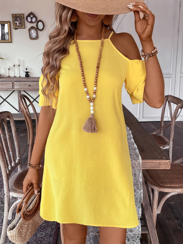 Διασυνοριακό Ευρωπαϊκό και Αμερικανικό Aliexpress Fashion, Μονόχρωμο, Ριχτό Φόρεμα με Τιράντες και Έξωμους Ώμους σε Απόθεμα