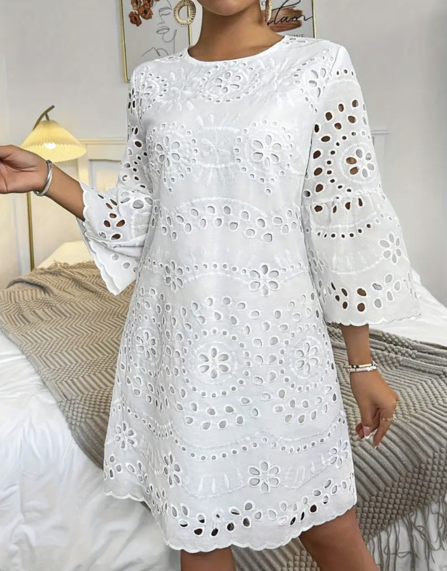 Határokon átnyúló külkereskedelem 2024 Európa és az Egyesült Államok tavaszi és nyári női Amazon meleg kerek nyakú fehér üreges bő ruha szett