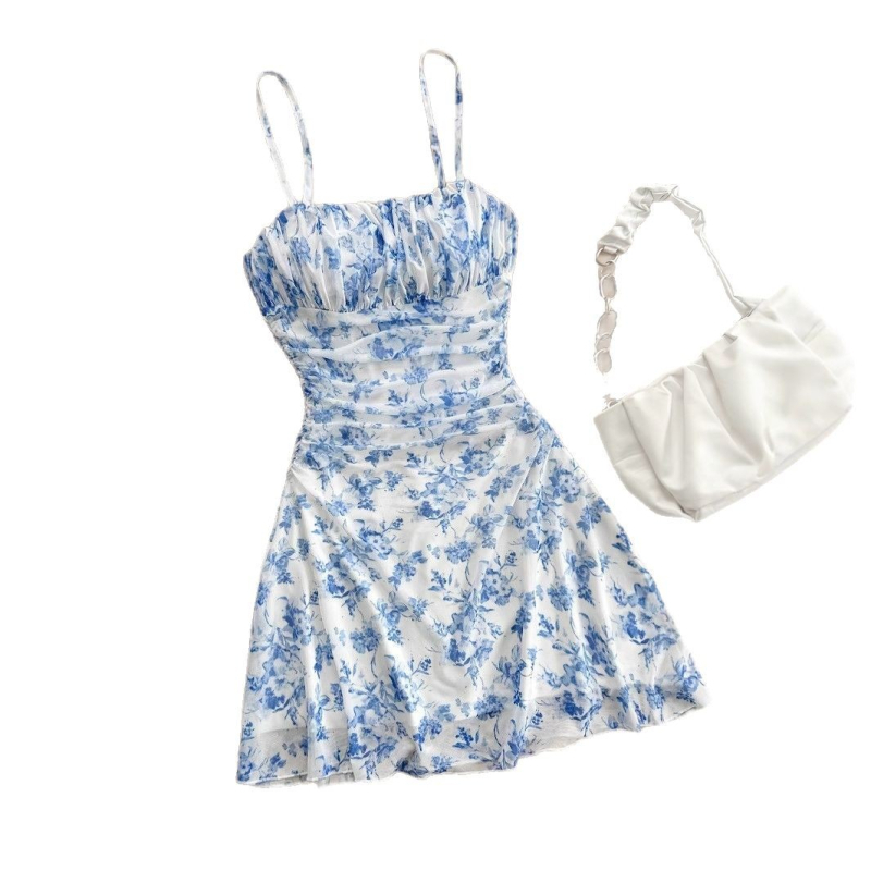 Európai és amerikai francia stílusú kék virágmintás sling ruha nyári új derekú vakációs sling ruha
