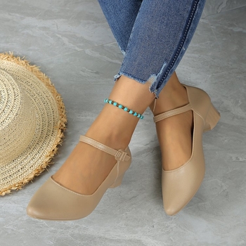 Smailios nosies storo kulno viengubi bateliai 2024 m. pavasario sezonui, vidutinio kulno, seklios burnos, monograminės sagties viršutiniai drabužiai, patogūs darbo batai