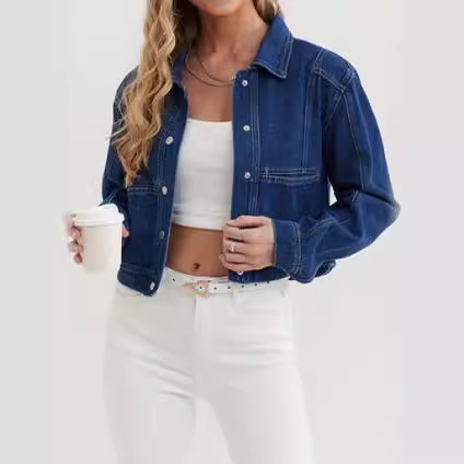 Moteriškas europietiškas ir amerikietiškas džinsinis viršutinis retro vientisos spalvos laisvalaikio stiliaus džinsinis mėlynas trumpas švarkelis