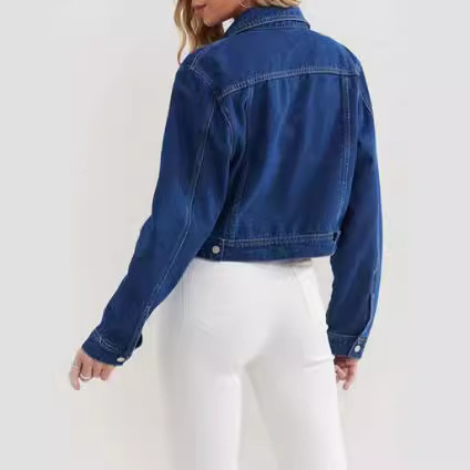 Moteriškas europietiškas ir amerikietiškas džinsinis viršutinis retro vientisos spalvos laisvalaikio stiliaus džinsinis mėlynas trumpas švarkelis