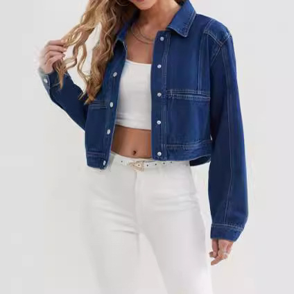 Moteriškas europietiškas ir amerikietiškas džinsinis viršutinis retro vientisos spalvos laisvalaikio stiliaus džinsinis mėlynas trumpas švarkelis