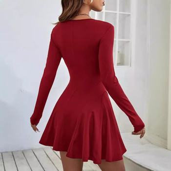 2024 Amazon Cross-border Women`s Wear Ευρώπη και Αμερική Απλό καθαρό κόκκινο φόρεμα Φθινόπωρο και Χειμώνας Λεπτό φόρεμα με ψηλή μέση