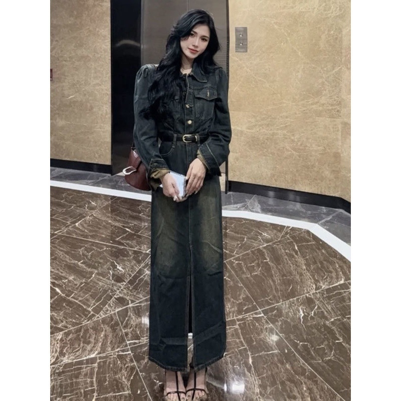 IN6 hongkongi stílusú retro farmer hosszú ujjú üreges jumpsuit ruha női őszi új stílusú derékig érő laza karcsúsító elegáns A-vonalú hosszú