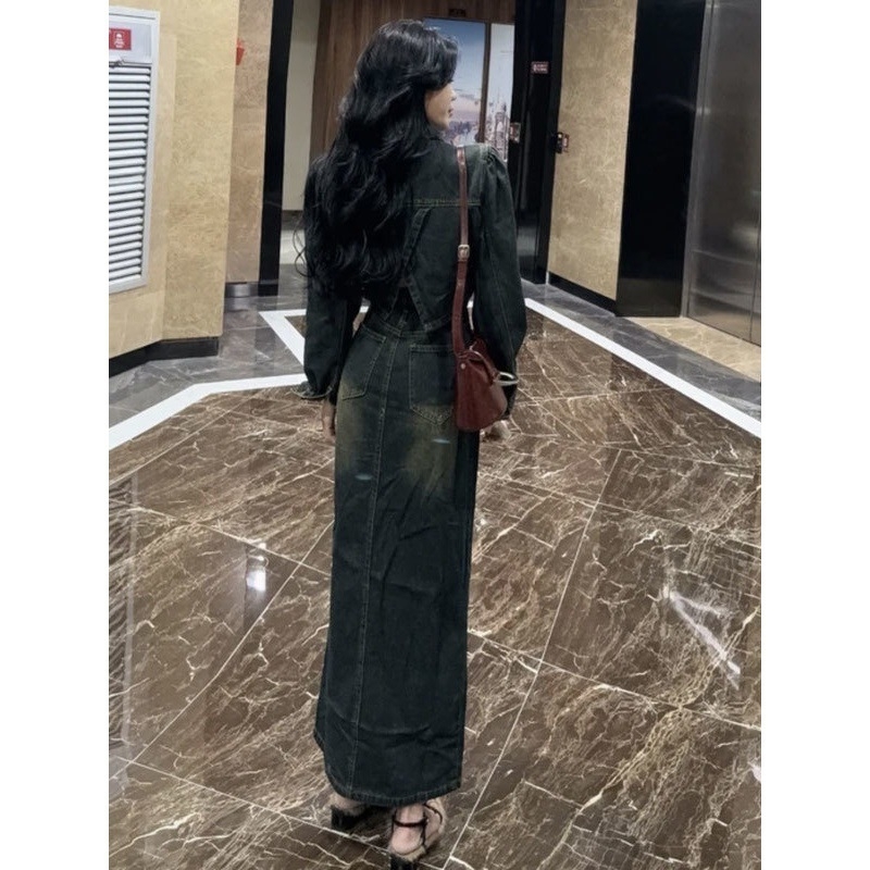 IN6 hongkongi stílusú retro farmer hosszú ujjú üreges jumpsuit ruha női őszi új stílusú derékig érő laza karcsúsító elegáns A-vonalú hosszú