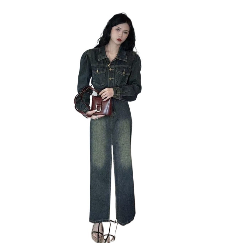 IN6 hongkongi stílusú retro farmer hosszú ujjú üreges jumpsuit ruha női őszi új stílusú derékig érő laza karcsúsító elegáns A-vonalú hosszú