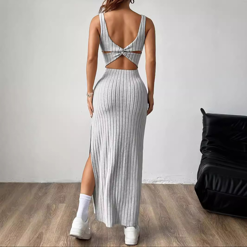 2024-es új európai és amerikai határokon átnyúló női ruha, pántolásos, ujjatlan, karcsúsított, kötött, gödrös, függőleges csíkos ruha