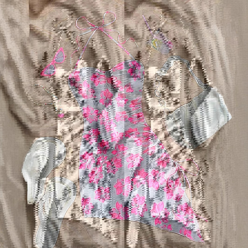 2025-ös európai és amerikai női szexi, pántos, nyári, virágmintás, aszimmetrikus szegélyű, ünnepi stílusú, pánt nélküli, karcsúsított ruha