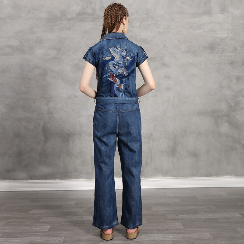 Új divatos, lezser, plus size, karcsúsított, egyrészes nadrág nőknek, vintage stílusos, hímzett, hajtókás, megkötős egyrészes nadrág 82233