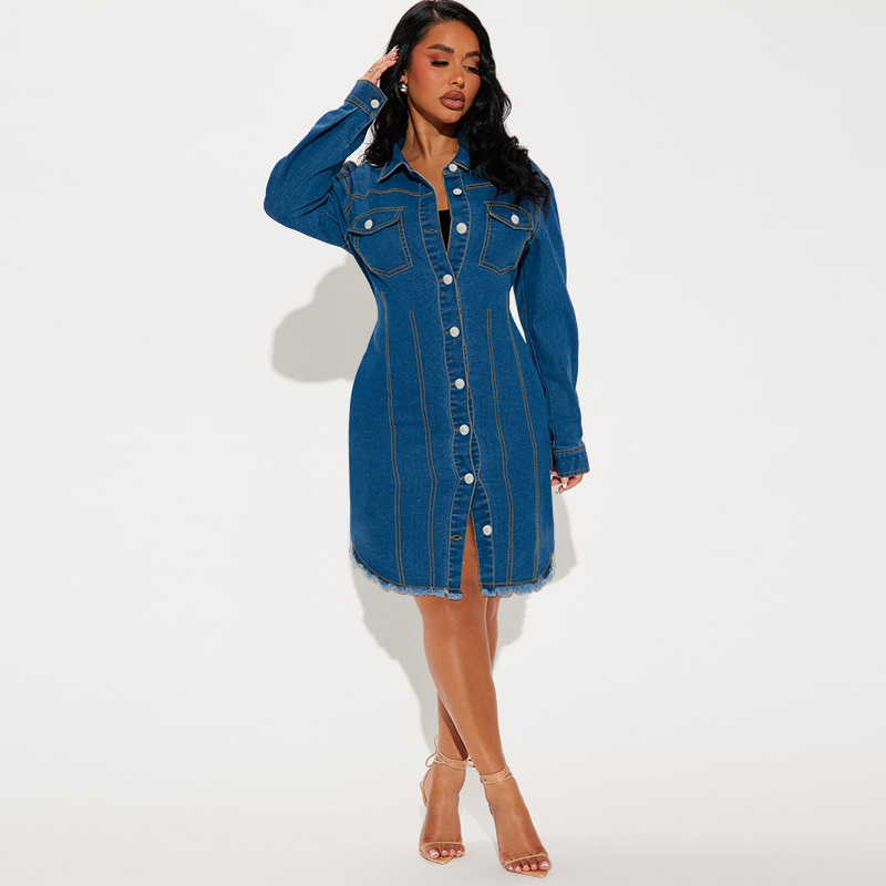 F218623 Europska i američka modna traper jakna s dugim rukavima i reverom, duga haljina, tvornička izravna prodaja