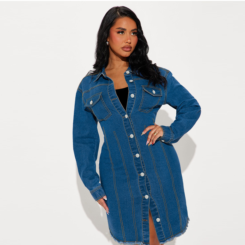 F218623 Europska i američka modna traper jakna s dugim rukavima i reverom, duga haljina, tvornička izravna prodaja