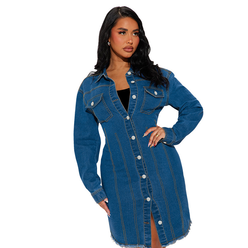 F218623 Europska i američka modna traper jakna s dugim rukavima i reverom, duga haljina, tvornička izravna prodaja