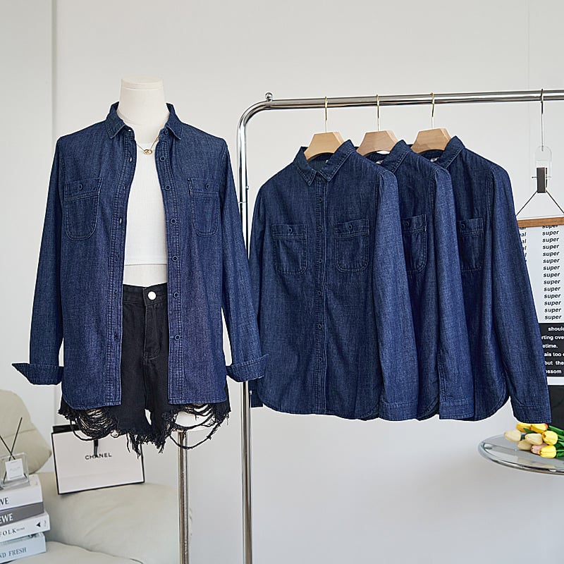 Cămașă din denim cu mânecă lungă, stil coreean, cu rever mic, stil artistic, fotografie reală 2024, cămașă pentru femei cu imprimeu floral