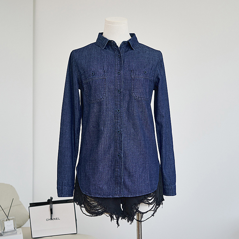 „Real shot 2024“ – nauji korėjietiško stiliaus klasikiniai, meniško stiliaus, skalbti, ilgomis rankovėmis, džinsiniai marškiniai, moteriški marškiniai apačioje.