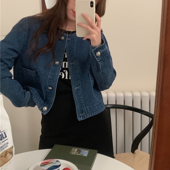 Γυναικείο τζιν παλτό με μακριά μανίκια, φθινοπωρινό, μονόχρωμο, ρετρό, δυτικό στυλ, με στρογγυλή λαιμόκοψη, χαλαρό, σε all-match χρώμα.