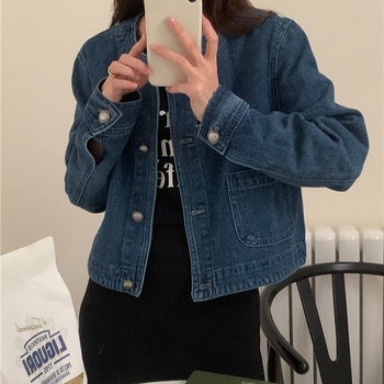 Γυναικείο τζιν παλτό με μακριά μανίκια, φθινοπωρινό, μονόχρωμο, ρετρό, δυτικό στυλ, με στρογγυλή λαιμόκοψη, χαλαρό, σε all-match χρώμα.