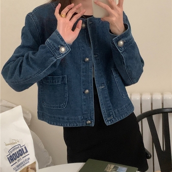 Γυναικείο τζιν παλτό με μακριά μανίκια, φθινοπωρινό, μονόχρωμο, ρετρό, δυτικό στυλ, με στρογγυλή λαιμόκοψη, χαλαρό, σε all-match χρώμα.