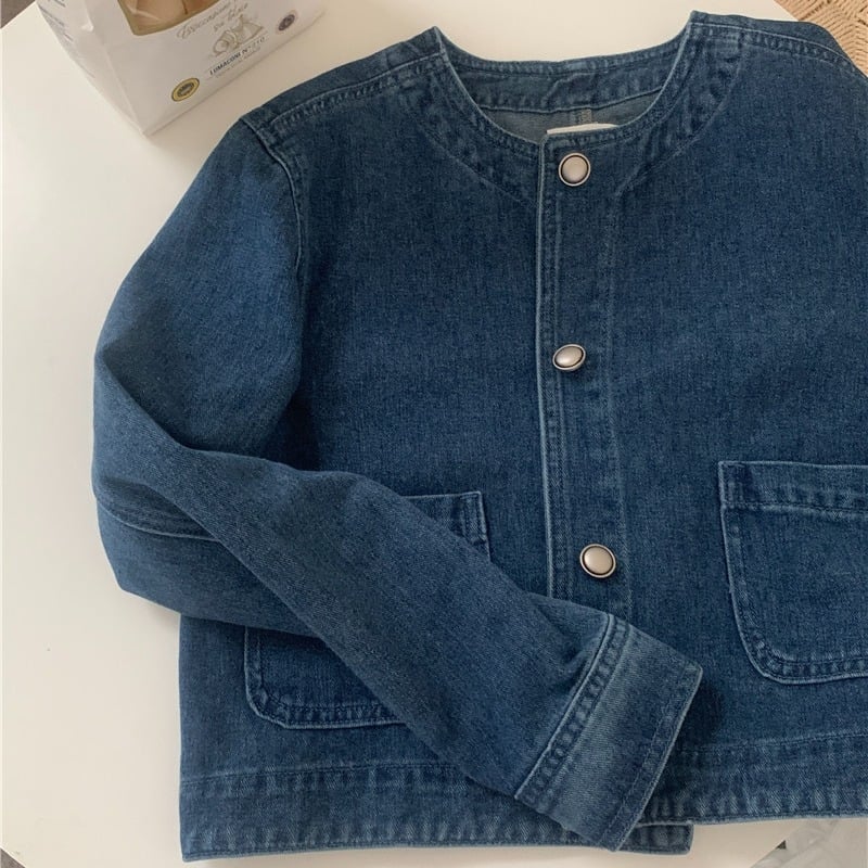 Palton din denim spălat, stil coreean de toamnă șic, culoare solidă, mânecă lungă, pentru femei, stil retro occidental, guler rotund, design cu linii strălucitoare, lejer, asortat