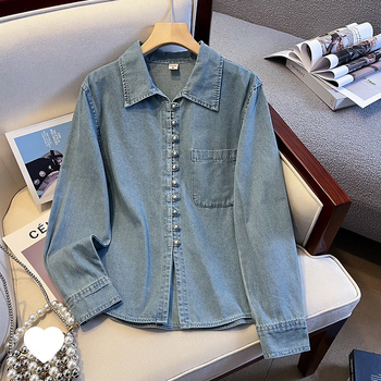 Guangdžou trylika linijų didelių prekių sprogimai ~ aukšto pojūčio retro temperamento sagtis džinsiniai marškinėliai moteriški pavasario ir rudens Joker krūva