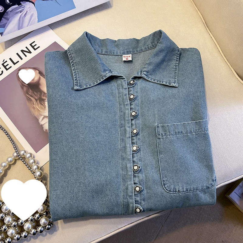 Guangdžou trylika linijų didelių prekių sprogimai ~ aukšto pojūčio retro temperamento sagtis džinsiniai marškinėliai moteriški pavasario ir rudens Joker krūva