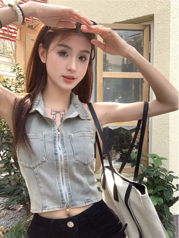 Hot Girl Halterneck ujjatlan retró farmer mellény női nyári külső viselet hát nélküli niche tiszta vágy rövid dupla cipzáras felső