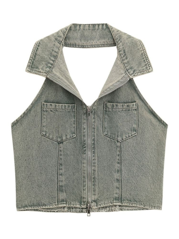 Hot Girl Halterneck ujjatlan retró farmer mellény női nyári külső viselet hát nélküli niche tiszta vágy rövid dupla cipzáras felső