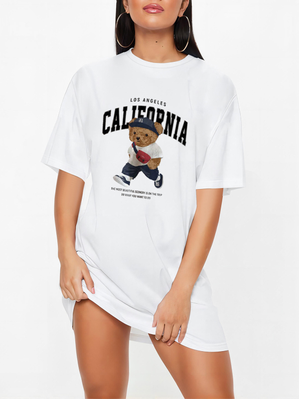 Γυναικείο T-shirt σε στυλ Καλιφόρνιας, σε στιλ Κολλεγίου, σε διασυνοριακό στιλ, με λευκή γραμμή και στρογγυλή λαιμόκοψη, σε γραμμή Αρκούδας, σε γραμμή Α, για γυναίκες.