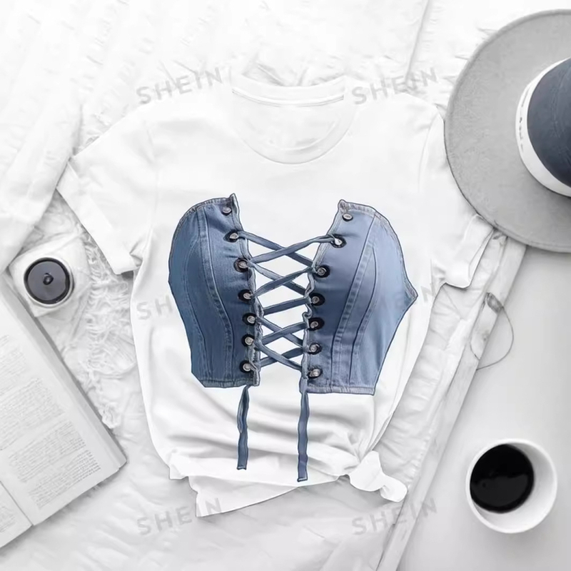 Laza, stílusos, bő, kerek nyakú, rövid ujjú női póló, szexi, mellkaspántos, mintás, nyári amerikai női felső