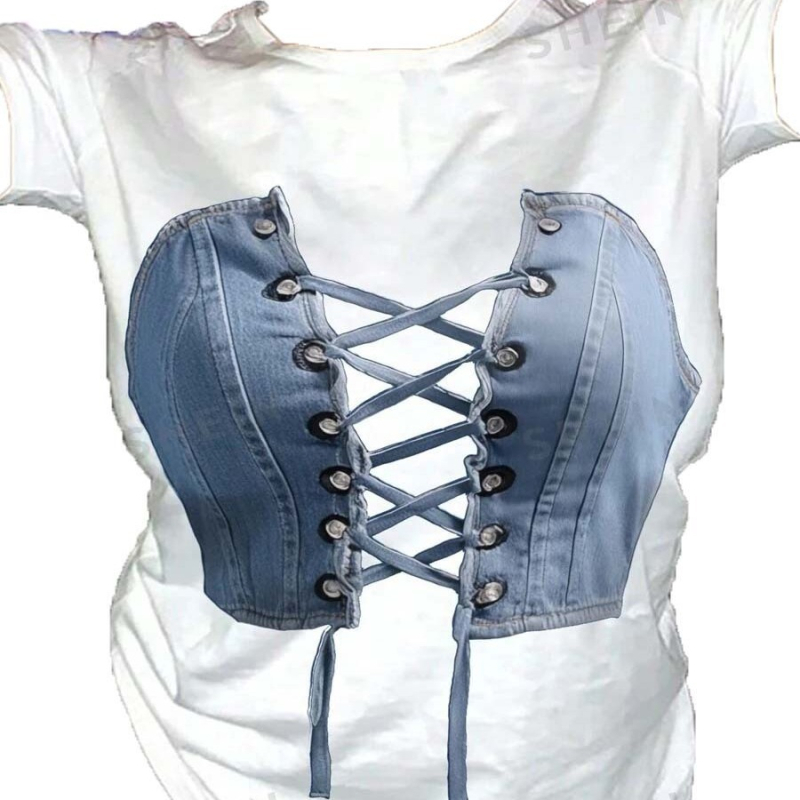 Laza, stílusos, bő, kerek nyakú, rövid ujjú női póló, szexi, mellkaspántos, mintás, nyári amerikai női felső