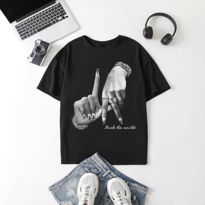 Határokon átnyúló külkereskedelmi női ruházat európai és amerikai sötét stílusú kerek nyakú vállpántos póló laza, lezser, menő, személyre szabott felső nőknek