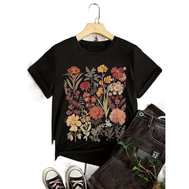 Határokon átnyúló női Etsy Amazon akciós, színes, virágmintás, laza, rövid ujjú póló női