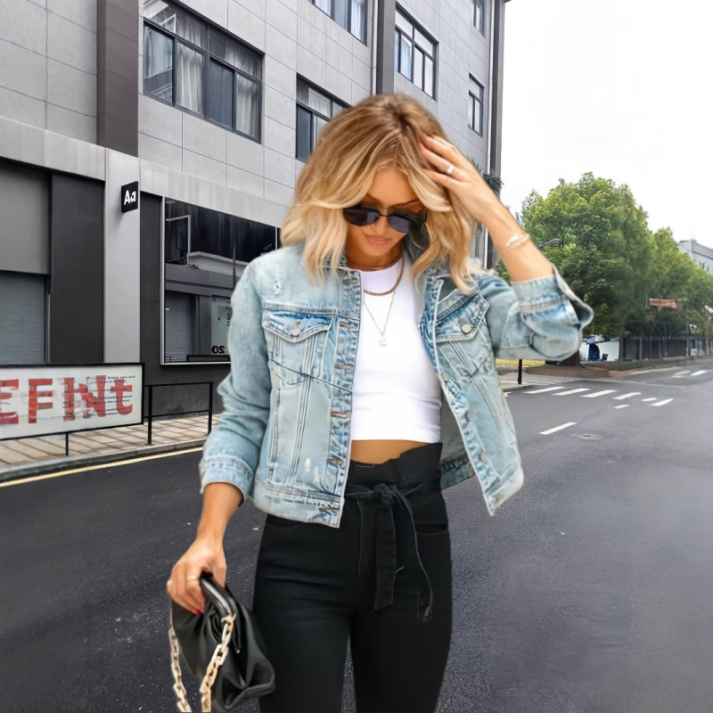 Európai és amerikai határokon átnyúló 2024 őszi/téli hajtókás zsebes farmer szakadt hosszú ujjú bő női rövid vintage dzseki