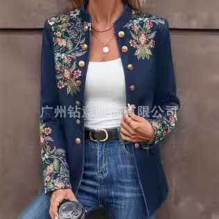 2025. aasta piiriülesed Amazoni Euroopa ja Ameerika sügise ja talve uued naiste ülerõivad, trükitud väike ülikond, moodne kaherealine ülerõivas naistele