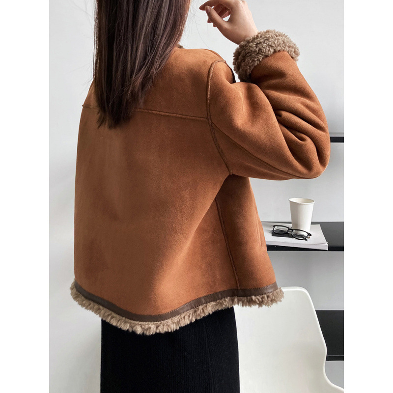 Geacă dintr-o singură piesă pentru femei, cu guler rotund, Motorwear, toamnă și iarnă, stil nou, mică, din blană de miel, piele de căprioară, top la modă, portocaliu