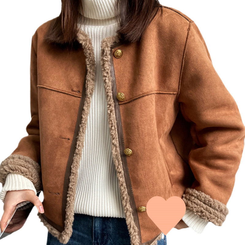 Geacă dintr-o singură piesă pentru femei, cu guler rotund, Motorwear, toamnă și iarnă, stil nou, mică, din blană de miel, piele de căprioară, top la modă, portocaliu