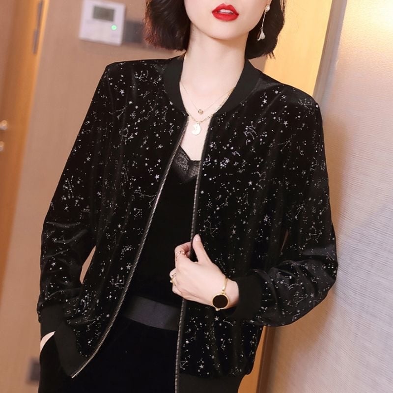 Juodas auksinis aksominis paltas moterims 2024 m. rudens naujas laisvalaikio stiliaus visų rungtynių margintas viršutinis laisvas ilgomis rankovėmis beisbolo kostiumas